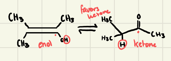 <p>-double bond and a hydrogen atom</p><p>-equilibrium</p>