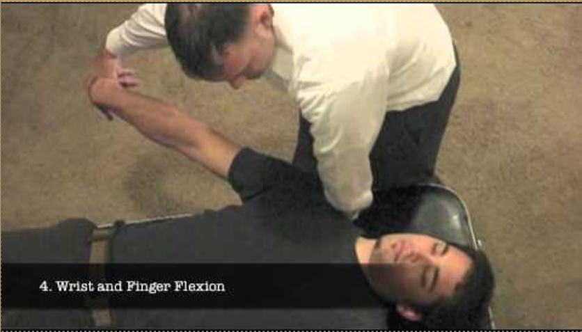 <p><strong>Purpose:</strong> To assess the <strong>radial nerve</strong> as the source of shoulder arm pain</p><p class="Paragraph WhiteSpaceCollapse SCXP153829203 BCX0" style="text-align: left"><strong>Test Position:</strong> The client is in a <strong>supine </strong>position, RMT standing face to the caudal end​​</p><p class="Paragraph WhiteSpaceCollapse SCXP153829203 BCX0" style="text-align: left"><strong>Performing the Test:</strong>​</p><ol><li><p class="Paragraph WhiteSpaceCollapse SCXP153829203 BCX0" style="text-align: left">Depress the client's shoulder and abduct the humerus to 10 degrees.​</p></li><li><p class="Paragraph WhiteSpaceCollapse SCXP153829203 BCX0" style="text-align: left">Slowly Extend the arm to below the coronal plane and with internal rotation along. ​</p></li><li><p class="Paragraph WhiteSpaceCollapse SCXP153829203 BCX0" style="text-align: left">Slowly flex the wrist and fingers and <strong>deviate</strong><em> </em>them ulnarly.​</p></li><li><p class="Paragraph WhiteSpaceCollapse SCXP153829203 BCX0" style="text-align: left">&nbsp;Fully pronate the forearm and extend the elbow. As before, &nbsp;Feel tightness and tingling in the finger is a normal response​</p></li></ol><p class="Paragraph WhiteSpaceCollapse SCXP153829203 BCX0" style="text-align: left"><strong>Result:</strong>​</p><p class="Paragraph WhiteSpaceCollapse SCXP153829203 BCX0" style="text-align: left">&nbsp; -&nbsp; A <strong>positive </strong>test is reproduction of the client’s original symptoms.​</p>