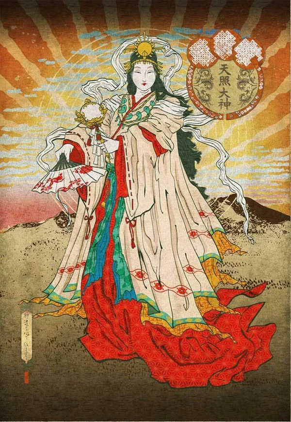 <p>Sun goddess and ancestor of the Japanese imperial family (who claims direct decent from Amaterasu)</p>