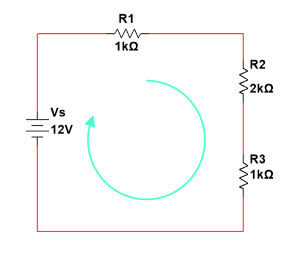<p>For a closed loop series path the algebraic sum of all the voltages around any closed loop in a circuit is equal to zero.</p><p>Take into account the polarities and signs of the sources and voltage drops around the loop.</p>