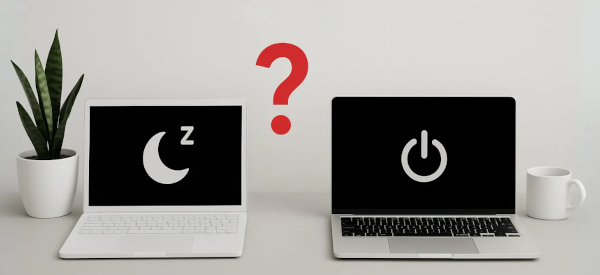 <p>(v. phrase) <em>to make something close or stop working</em></p><p>“Do you _______ your computer at night or put it in sleep mode?”</p>