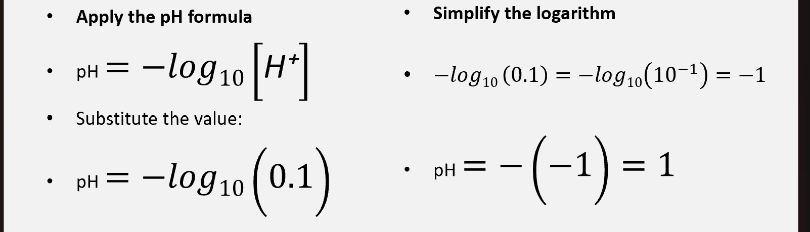 <p>HCl is a strong acid, meaning it dissociates completely in water: "HCl"→"H⁺"+"Cl⁻"</p><p>Thus, the concentration of hydrogen ions ["H⁺" ] is equal to the acid concentration.</p><p>["H⁺" ]=0.1" M"</p><p></p>