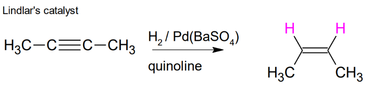 <p>quinoline, H2 / Pd(BaSO4)  , syn addition</p>