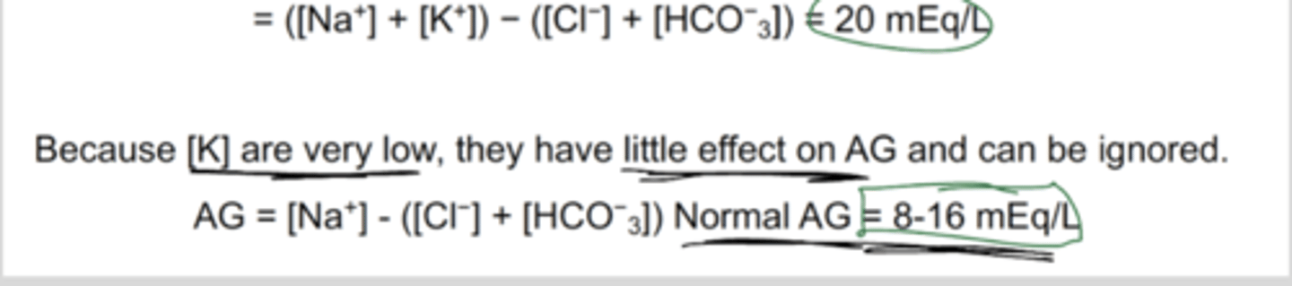 <p>The quantity difference between cations (+) and anions (-) in serum, plasma, or urine.</p><p>Magnitude of this difference in the serum is calculated to identify metabolic acidosis.</p><p>If gap is greater than normal, high anion gap metabolic acidosis diagnosed.</p><p>Calculated by subtracting the serum concentrations of chlorine and bicarbonate anions from the concentrations of sodium and potassium cations.</p><p>Uses of this: helps in differential diagnosis of number of disease states.</p><p>Total cations should equal anions so theres neutral charge</p><p>Routine tests do not account for all types of ions - is representative of how many ions are not accounted for by the lab measurements used in the calculation (unmeasured are mostly anions, hence named anion gap).</p>