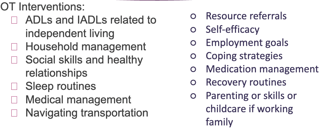 <p>individuals who are chronically homeless AND have a serious mental health diagnosis</p><p>housing-first model, indefinite lease (federal funding), Rental assistance paired with supportive services</p><p>OT- clients are experiencing a significant life transition, variety of complex personal, environmental and occupational factors</p>