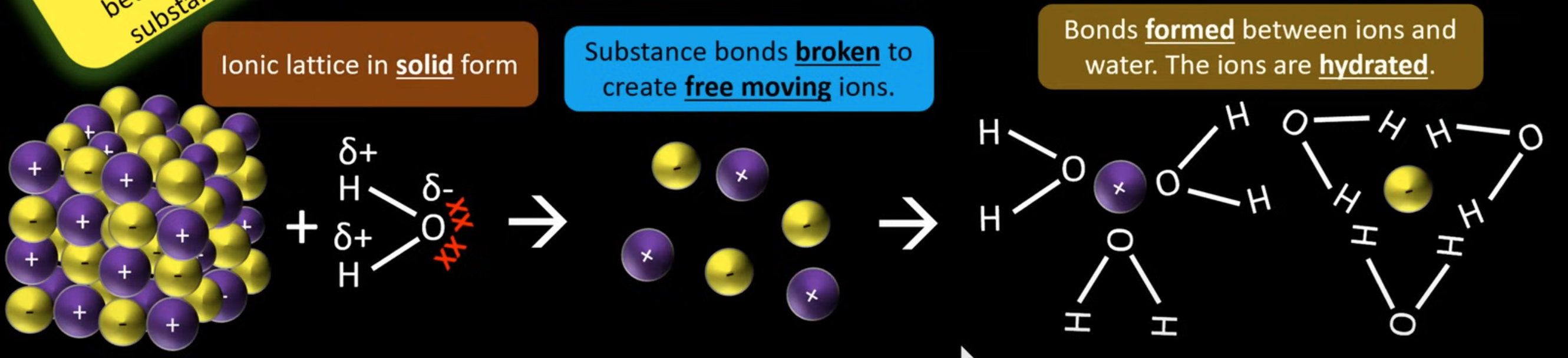 <ul><li><p>The lattice breaks forming gaseous ions, which are dissolved in water</p></li></ul><ul><li><p>The aqueous ions are surrounded by water molecules (permanent dipole due to polar O-H bond)</p></li></ul><p></p>