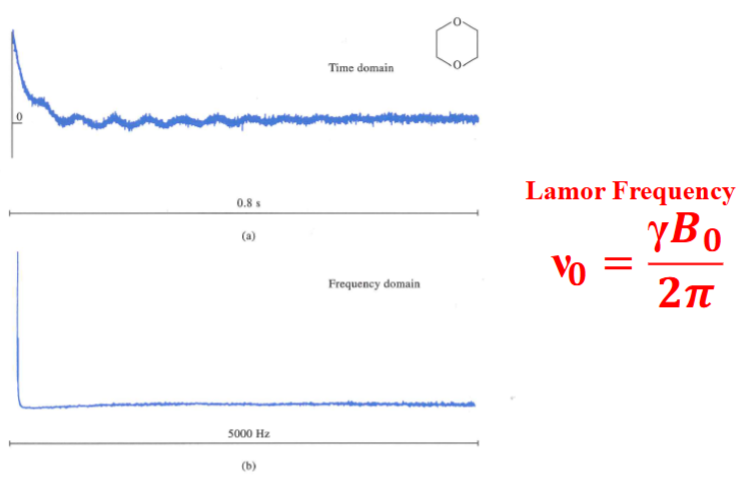 <p><span style="color: rgb(0, 0, 0);"><sup>13</sup>C FID signal and FT of the signal of dioxane when the pulse frequency is identical to the Larmor frequency.</span></p>