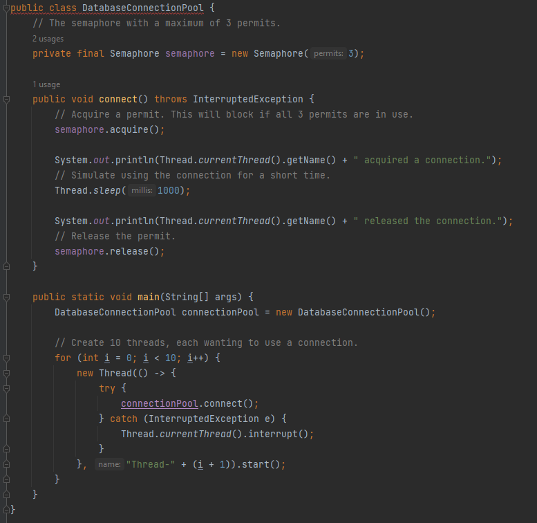 <p>A concurrency utility that controls access to a resource by multiple threads using permits.</p>