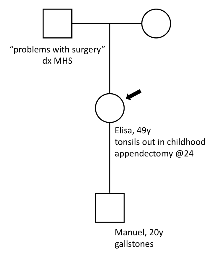 Based on this family history of malignant hyperthermia susceptibility (MHS), how would you follow up with the family testing?