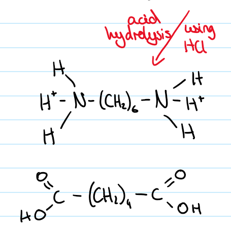 <p>using HCl<sub>(aq)</sub> </p><p>forms protonated diamine and dicarboxylic acid</p>