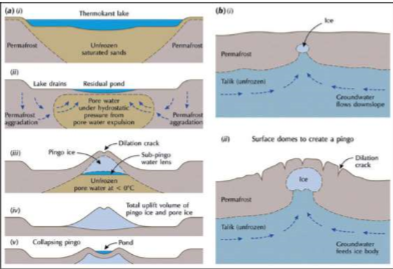 * Can be formed if there is a lake, underneath the lake there is unfrozen ground, as the lake drains (such as in the dry season) the unfrozen ground underneath begins freezing forming a bubble of ice that pushes upwards as the ice expands + grows, also forming cracks ontop
* Can be formed if there is cavity in soil that got filled with groundwater, and resulting in the formation of an ice bubble underneath pushing against the surface. Only occur in places with access to a lot of groundwater, so that the ice bubble can be large

  