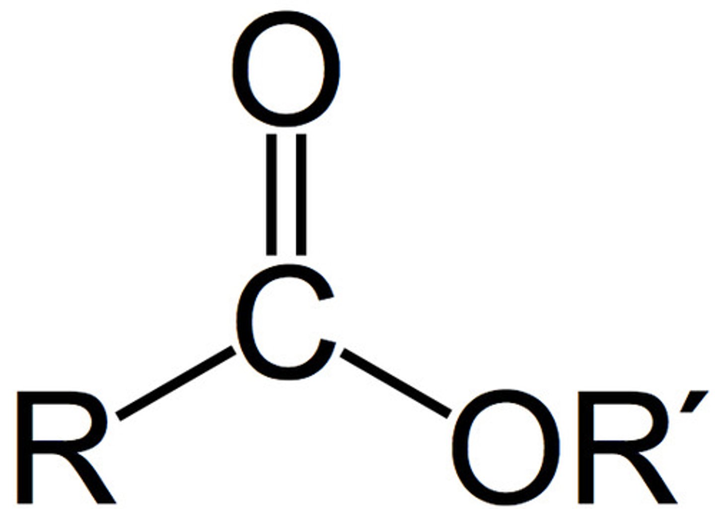 <p>Carbon with a double bond with oxygen, a single bond with oxygen, and a single bond with R</p>