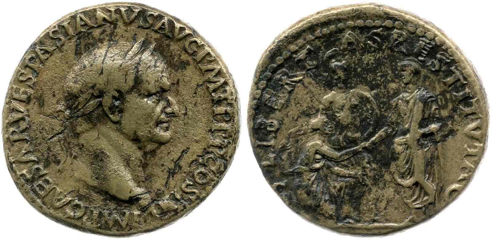 <p><span style="color: rgb(109, 158, 235)">Sestertius of Vespasian with imperial titles, pontifex maximus, tribunician power, and his 3 consulships, 71 CE</span></p>