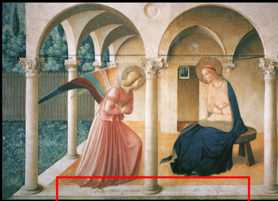 <p>Architect: Fra Angelico</p><p>Name: <span>Ave Maria, gratia plena= Hail, Mary full of grace.Virginia Intacte Cvm Veneris Ante Figvram Preterevndo Cave Ne Sileatvr Ave= when you come before the image of the Ever-Virgin, take care that you do not neglect to say an Ave.</span></p><p>Location: San Marco Convent, Florence </p><p>Year: 1441</p>