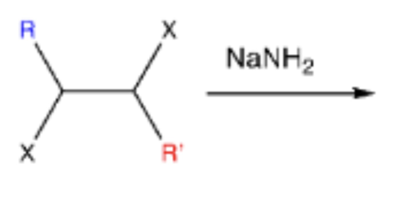 <p>vicinal dihalide + NaNH2</p>