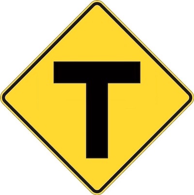 The road you are traveling on will end soon. Prepare to turn right or left. Yield to cross traffic.