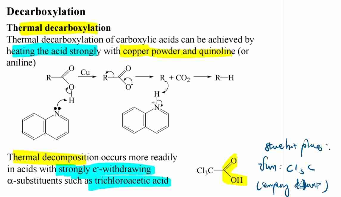 <p><span>Thermal decarboxylation releases CO2, especially with electron-withdrawing groups.</span></p>