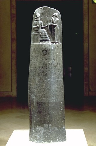 Susian/Babylonian 
1792-1750 b.c.e
Basalt

Record of legal precedent in cuneiform 

Hammurabi and sun god, where Shamash passes down authority