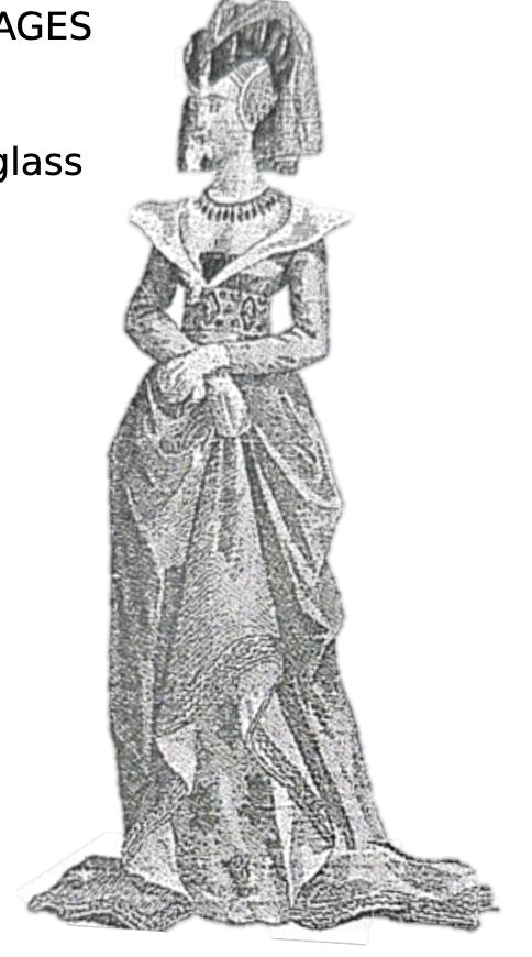 <p>Hennin-headdress in the shape of a cone, steeple, or truncated cone, worn by noble women</p><p></p><p>Venetian glass beads- decorated garments, very expensive luxury</p><p></p><p>Petticote- a type of undergarment worn under a skirt or a dress&nbsp;<span>to add volume and shape </span></p>