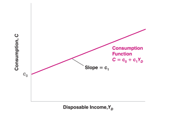 <p>Consumption (C) is a function of disposable income (Y<sup>D</sup>), which is the income that remains once consumers have received government transfers and paid their taxes.</p><p>C = C(Y<sup>D</sup>)</p><p>C =c<sub>0</sub>+c<sub>1</sub>Y<sup>D</sup> = c<sub>0</sub>+c<sub>1</sub>(Y −T)</p><p>C(Y<sup>D</sup>) is called the consumption function. This is a behavioral equation that captures the behavior of consumers.</p><p>Changes in c<sub>0</sub> reflect changes in consumption for a given level of disposable income.</p><p>Disposable income is: Y<sup>D</sup> ≡ Y −T</p>