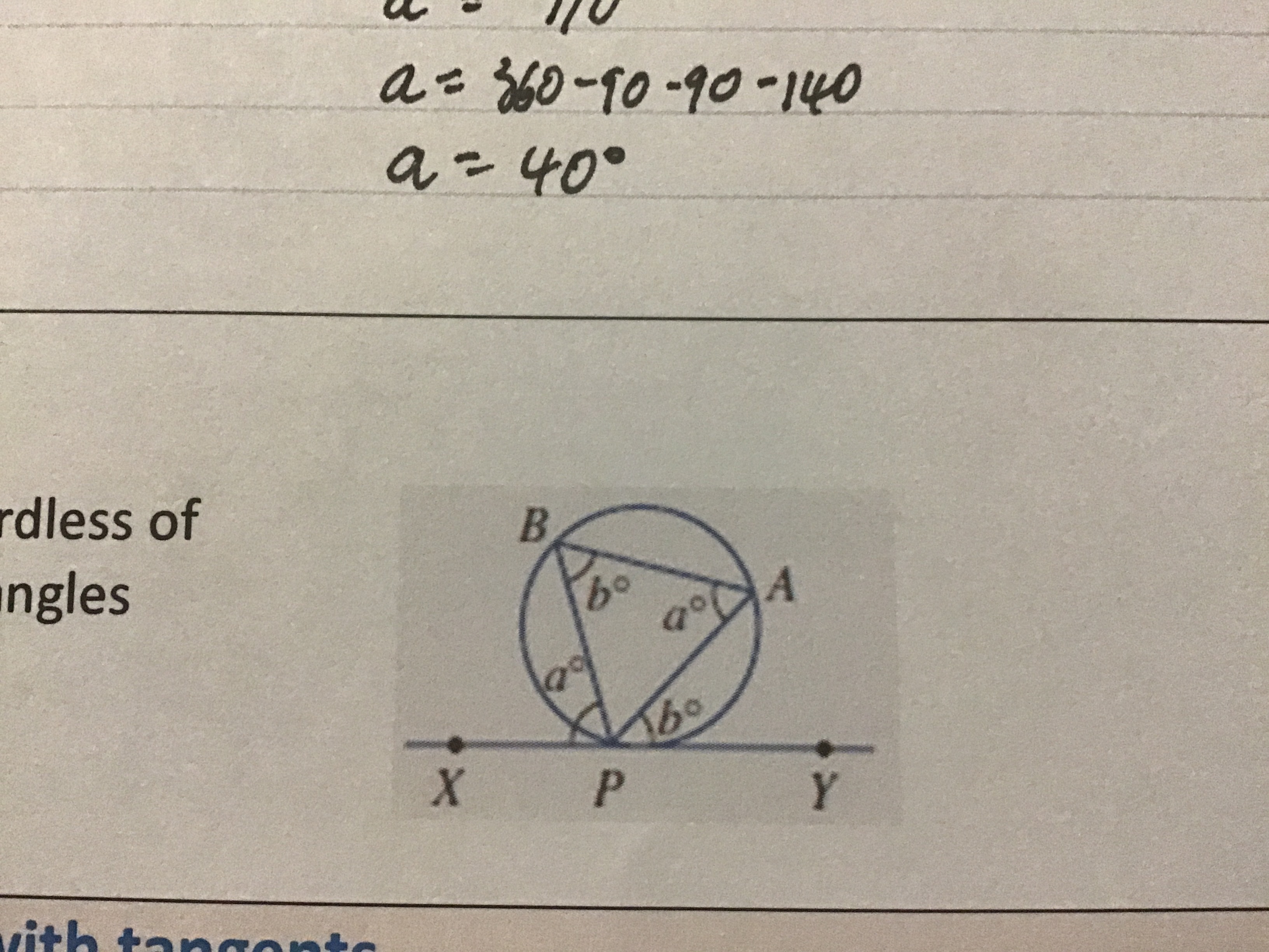 For any circle, the angle formed between the tangent and the chord through the point of contact of the tangent is equal to the angle formed by the chord in the alternate segment”.