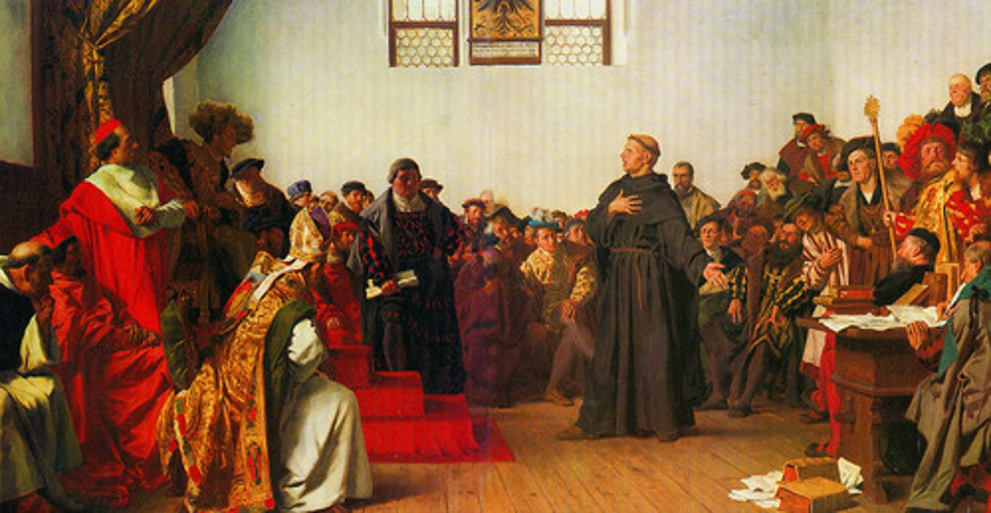 <p>Luther's Heresy trial before Charles V in the Holy Roman Empire in which Luther was expected to recant . He did not, and the Diet issued the Edict of Worms: banishment from the H.R.E.</p>