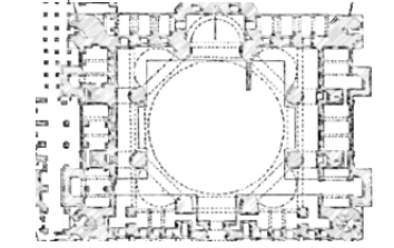 <p>A plan having a front courtyard, and a garden behind; the mosque proper being independent</p>