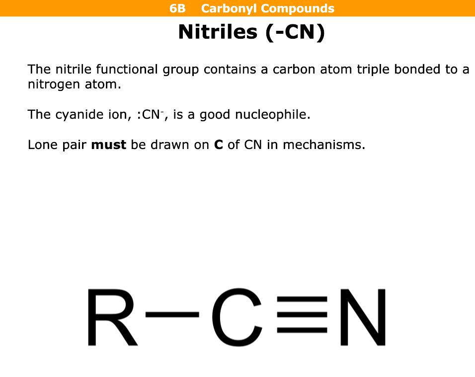 <p>Functional group with a carbon atom triple bonded to nitrogen atom </p>