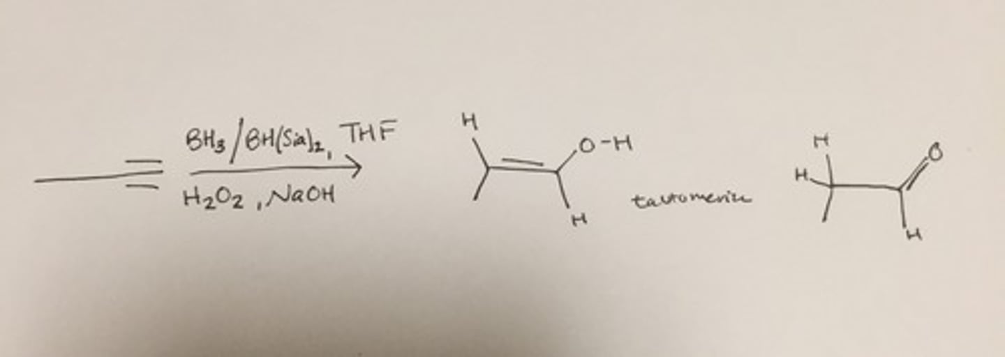 <p>Hydroboration/ Oxidation</p><p>Alkyne to enol to aldehyde/ketone</p><p>Anti-Markovnikov addition</p>