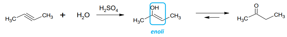 <p>alkyynin veden additioreaktiossa , happokatalysoitu&nbsp;</p><p>huom. epäsymmetrinen ketju - &gt; 2 ketonia&nbsp;</p><p></p>