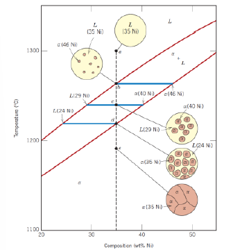 <ul><li><p>Solidification of the components start after crossing the liquidus line</p></li><li><p>Composition of the solid phase is not necessarily the same as the composition of the liquid phase, although the overall composition is the one designated by the vertical line</p></li><li><p>The system keeps on solidifying until crossing the solidus line, after which is a solid of composition defined by the vertical line</p></li></ul><p></p>