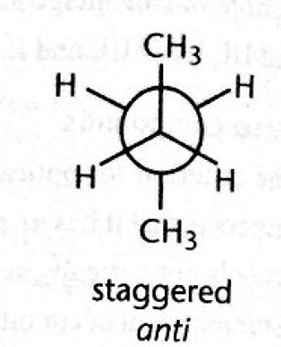 <p>A type of staggered conformation in which the two largest groups are antiperiplanar to each other</p><p>the most energetically favorable conformation</p>