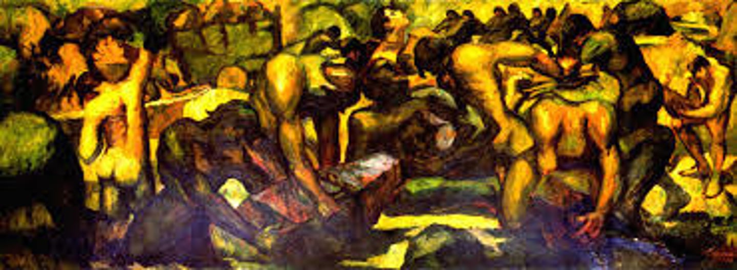 <p>By Victorio C. Edades in 1928</p><p>- Earthy colors; Laborers; Resilience</p><p>- A group of construction workers engaged in manual labor-lifting rocks, carrying materials, and working together on a building site. The figures are strong, dark, and rugged, emphasizing their physical strength and hard work. Edades used distorted forms, dark earthy colors, and thick brushstrokes.</p>