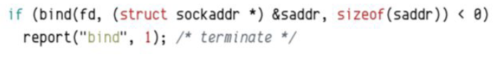 <ul><li><p><code>#include <sys/socket.h></code></p></li><li><p>binds the socket to a memory address</p></li><li><p><code>int bind(int socket, const struct sockaddr *address, socklen_t address_len);</code></p></li><li><p><strong>socket</strong> - file descriptor</p></li><li><p><strong>address</strong> - the<strong> sockaddr</strong> we defined when creating the socket</p></li><li><p><strong>address_len</strong> - the length of the sockaddr</p></li></ul><p></p>