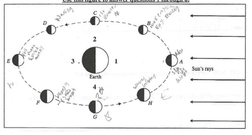 <p>changing shapes of the lit portion of the moon as it appears from earth over about a month (formas cambiantes de la porción iluminada de la luna tal como aparece desde la tierra durante aproximadamente un mes)</p>