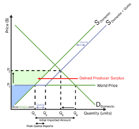 <ul><li><p>surplus is gained for domestic producers as prices and quantity demanded increases</p></li><li><p>in the long run, other governments may retaliate, negatively affecting domestic producers</p></li><li><p>foreign producers will be able to sell less products, but at a higher price, hence, the change in revenue will depend on the ped of the product</p></li></ul><p></p>