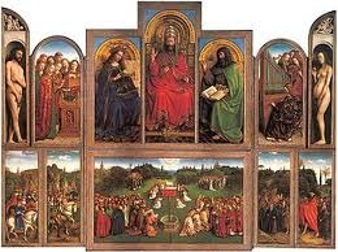 <p>Christ, Angels Singing, Adam and Eve, Cain and Abel, Adoration of the Lamb, Patron (closed), The Annunciation (closed)</p>
