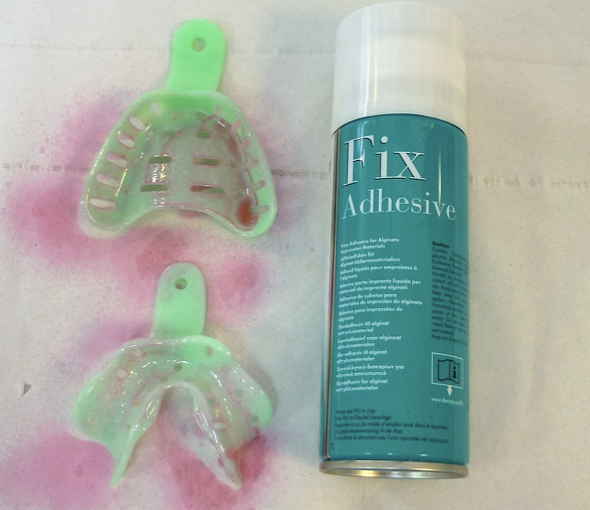 <ul><li><p>spray the adhesive, ensuring copious coverage</p></li><li><p>leave for 5 minutes before taking the impression</p></li></ul><p></p>