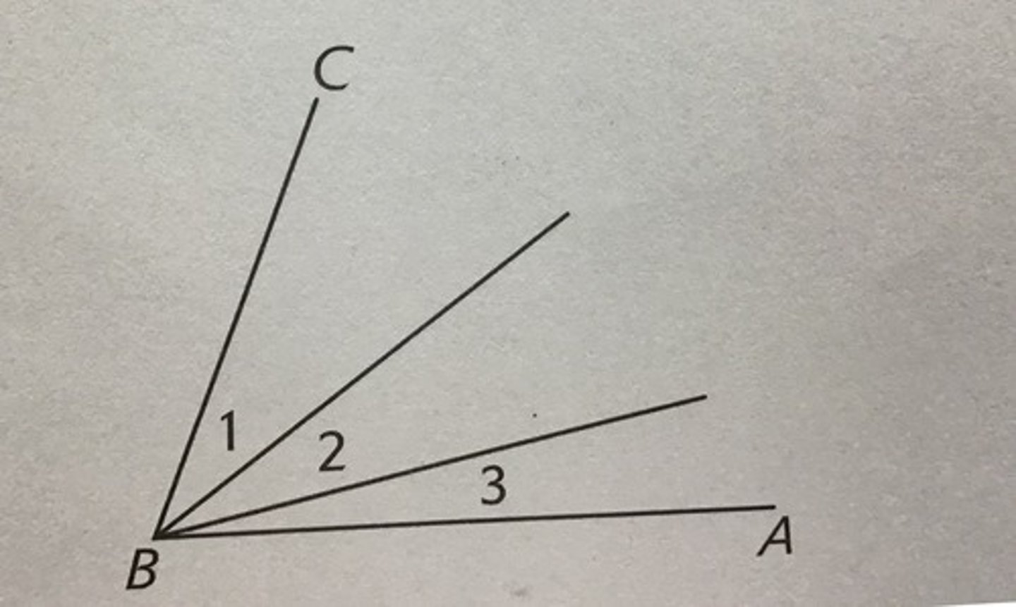 <p>Given: Angle 1 and Angle 2 and Angle 3</p><p>Prove: Angle ABC = Angle 1+ Angle 2+ Angle 3</p>