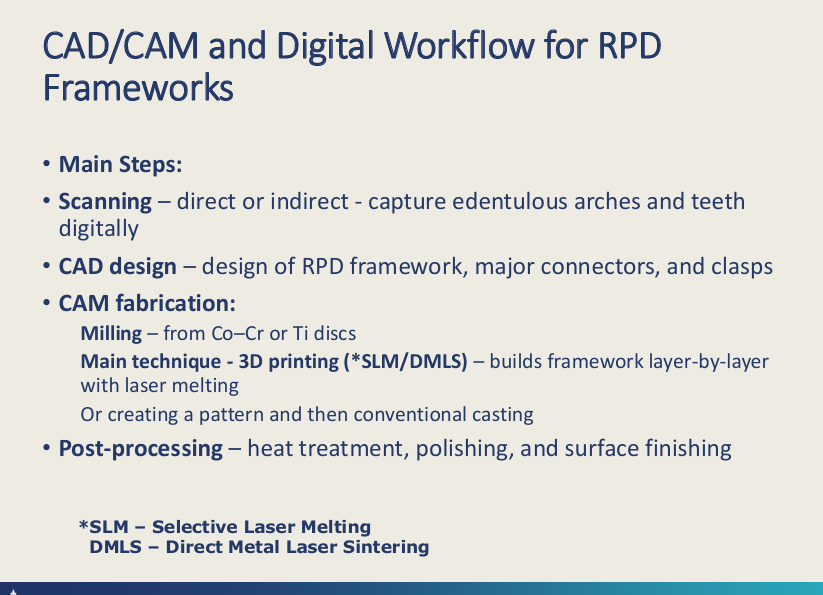 <ul><li><p><u>Scanning</u></p></li><li><p><u>CAD</u></p></li><li><p><u>CAM:</u></p></li><li><p>- milling</p></li><li><p>-SLM/DMLS selective laser melting or direct melting laser sintering</p></li><li><p>creating pattern then conv casting</p></li><li><p><u>Post-processing</u> - heat tx, polishing and surface finish</p></li></ul><p></p>