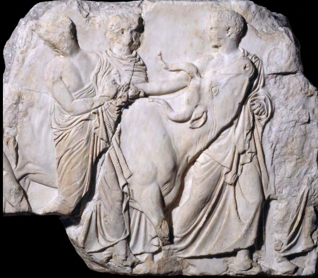 <p>Shows members of society bringing votives to offer to Athena in thanks, such as the bull to be sacrificed (left), and the <em>peplos</em>, a dress made new each year by the daughters of elite Athenian families; it was used to dress the statue of Athena Polias, which was carried in the Panathenaic Procession.</p>