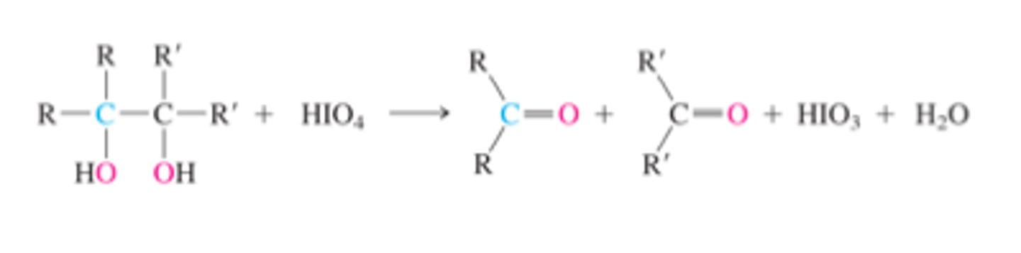 <p>1,2-diol + HIO4 --&gt; int. --&gt; carbonyl</p><p>(H removed to form C=O)</p>