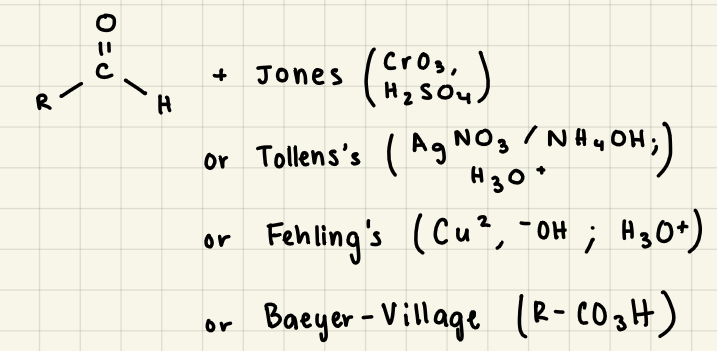 R-CHO + Jones (CrO3, H2SO4) [or Tollens, Fehling's, Baeyer-Village]