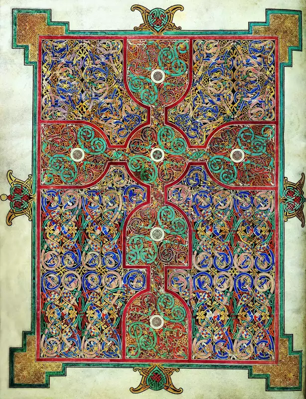 <p>“Lindisfarne Gospels” Hiberno-Saxon</p><p>Conversion - books and luxury items</p><ul><li><p>looks successful</p></li></ul><p>Lindisfarne Island - off coast of Britain</p><p>Placed at altar in church - legitimized transactions</p><ul><li><p>domestic/secular (real estate, marriage) events turned sacred</p></li><li><p>Like Lady Xoc in a way taht it turned a political event sacred (husband Shiled Jaguar becomes King</p></li></ul><p>Interlacing lanes - references Celtic work</p><p>Completed by ONE monk over 6 years - meditation</p><p>970 CE - contains earliest surviving English translation of the bible</p><p>Zoomorphic - animal and animal</p><p>Blue = royalty</p><p>Red = the wine that → Blood of Christ through transubstantiation</p><p>Cross made of wine goblets - represents the Eucharist</p><p></p>