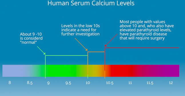 <p>9-10 normal</p><p>10-10.5 need investigation</p><p>10.5-12 danger usually require surgery</p><p></p><p><mark data-color="#NaNNaNNaN" style="background-color: #NaNNaNNaN; color: inherit">Hypocalcemia: &lt;8.5 mg/dL</mark></p><p></p><p><mark data-color="#NaNNaNNaN" style="background-color: #NaNNaNNaN; color: inherit">Hypercalcemia &gt; 10.5 mg/dL</mark></p>