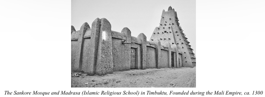 <p>Which of the following developments contributed most directly to the construction of the structure shown in the image?</p><p>A. Population growth made possible by new crops from the Americas </p><p>B. Conquests by Turkic peoples in Afro-Eurasia</p><p>C. Trade in gold and salt across trans-Saharan trade routes</p><p>D. The spread of technological innovations following the Crusades</p>