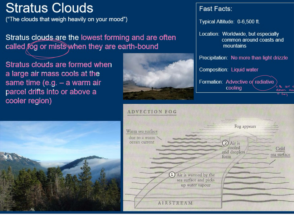 <p>solid clouds. often formed when fog lifts off of the ground. often bring drizzle or light snow. imagine a very gentle sheet covering you when you go to sleep. no wild weather just a little rain or snow. Formation: (reference: picture) advective or radioactive cooling. advective cooling means that warm moist air meets cold air and clouds are formed on that boundary. radioactive cooling just means that the warm and moist air cools overnight and condenses to fog.</p>