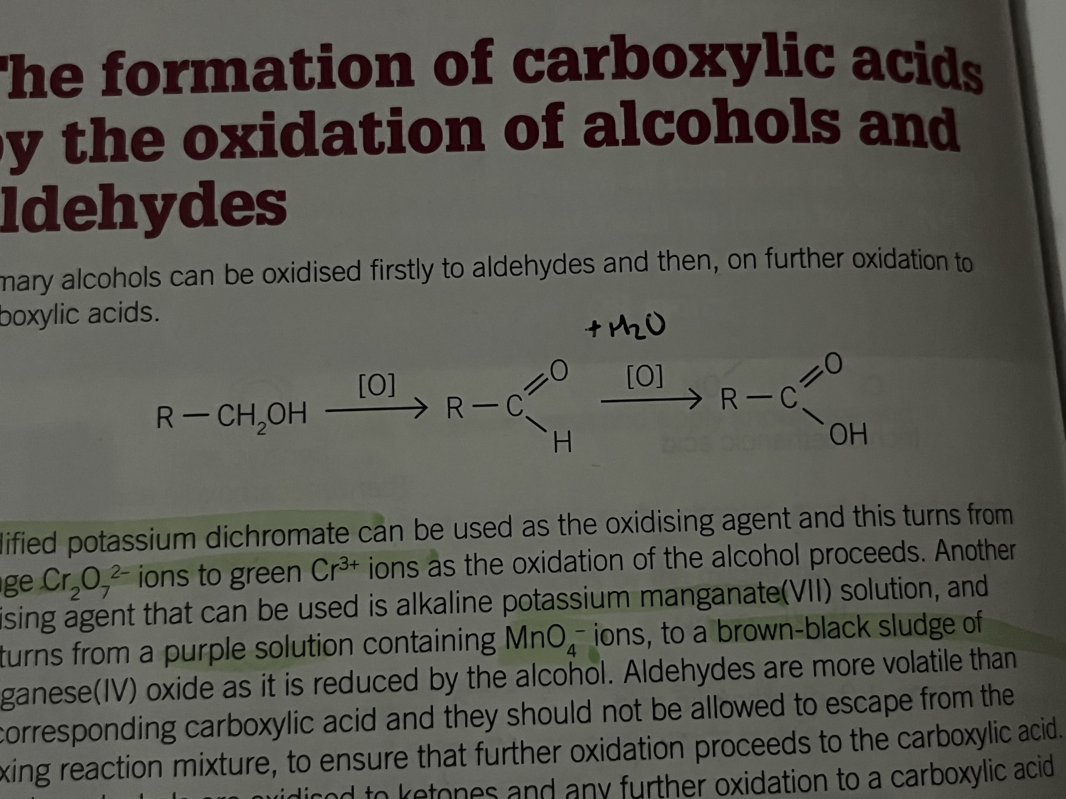 <p>Primary alcohols can be oxidized to aldehydes then further oxidised to carboxylic acids</p><p>acidified potassium dichromate is used as an oxidizing agent (turns from orange to green)</p><p>alkaline potassium manganate (VII) solution can also be used: turning from purple solution to a brown black sludge of manganese oxide</p>