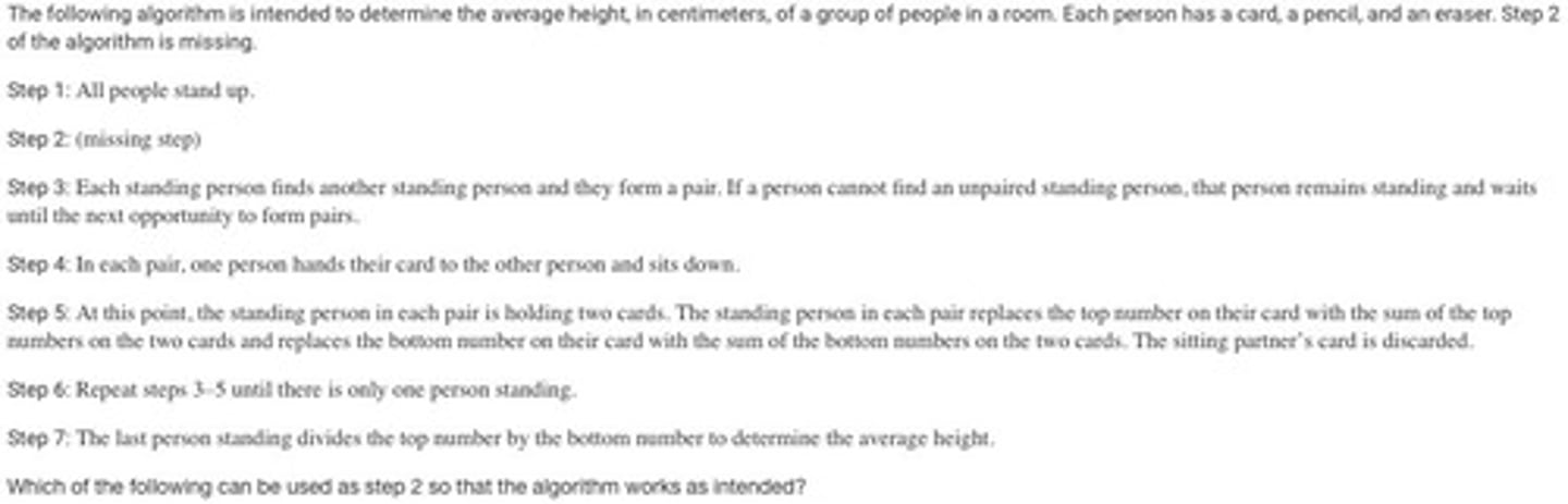 <p>A: Step 2: Each person writes their height, in centimeters, at the top of the card and writes the number 1 at the bottom of the card.</p>