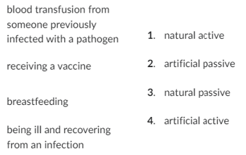 <p>match the example to the type of immunity being acquired</p>